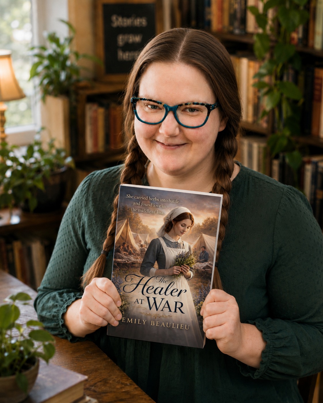 Emily Beaulieu holding The Healer at War